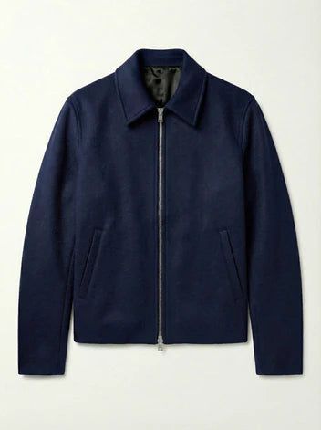DOUBLE ZIPPER NAVY CROPPED WOOL JACKET