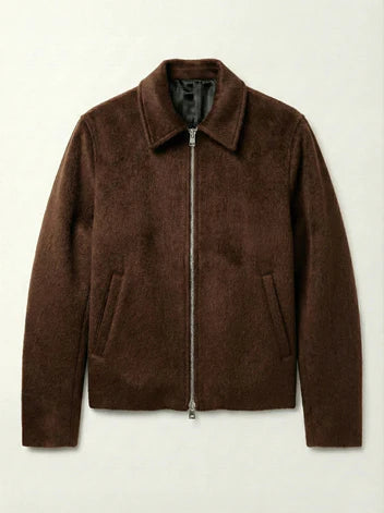 DOUBLE ZIPPER BROWN CROPPED WOOL JACKET